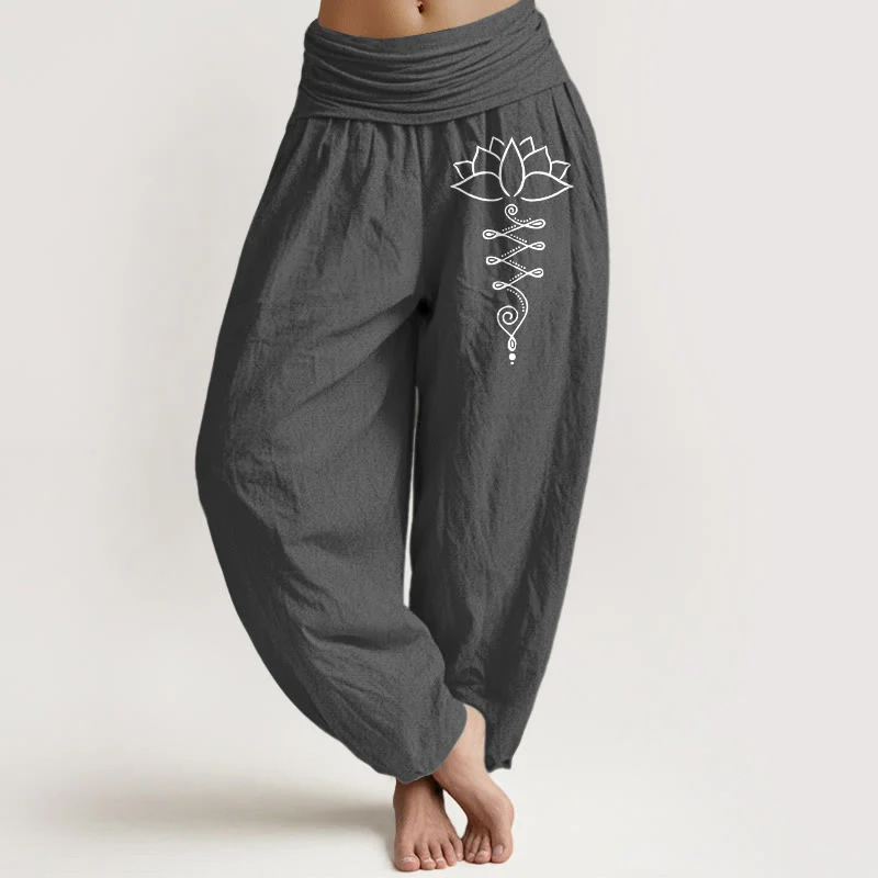 Pantaloni harem in cotone con elastico in vita e motivo a fiori di loto Buddha Stones e simbolo di Unalome