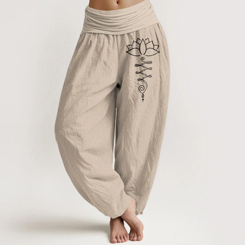 Pantaloni harem in cotone con elastico in vita e motivo a fiori di loto Buddha Stones e simbolo di Unalome - Image 6