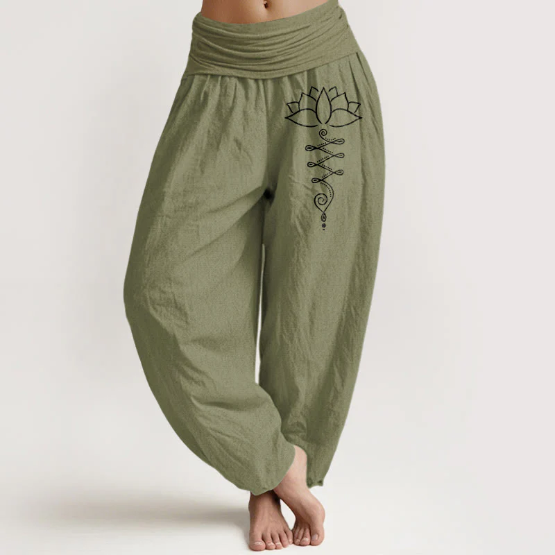 Pantaloni harem in cotone con elastico in vita e motivo a fiori di loto Buddha Stones e simbolo di Unalome - Image 9