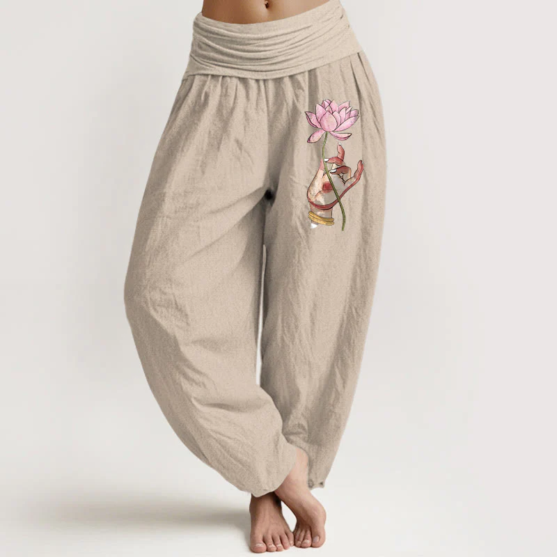 Pantaloni harem in cotone con elastico in vita e motivo a loto delicato Buddha Stones in mano - Image 12