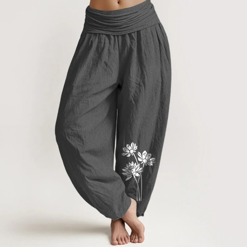 Pantaloni harem in cotone con elastico in vita e motivo a tre fiori di loto, casual, da donna, motivo Buddha Stones
