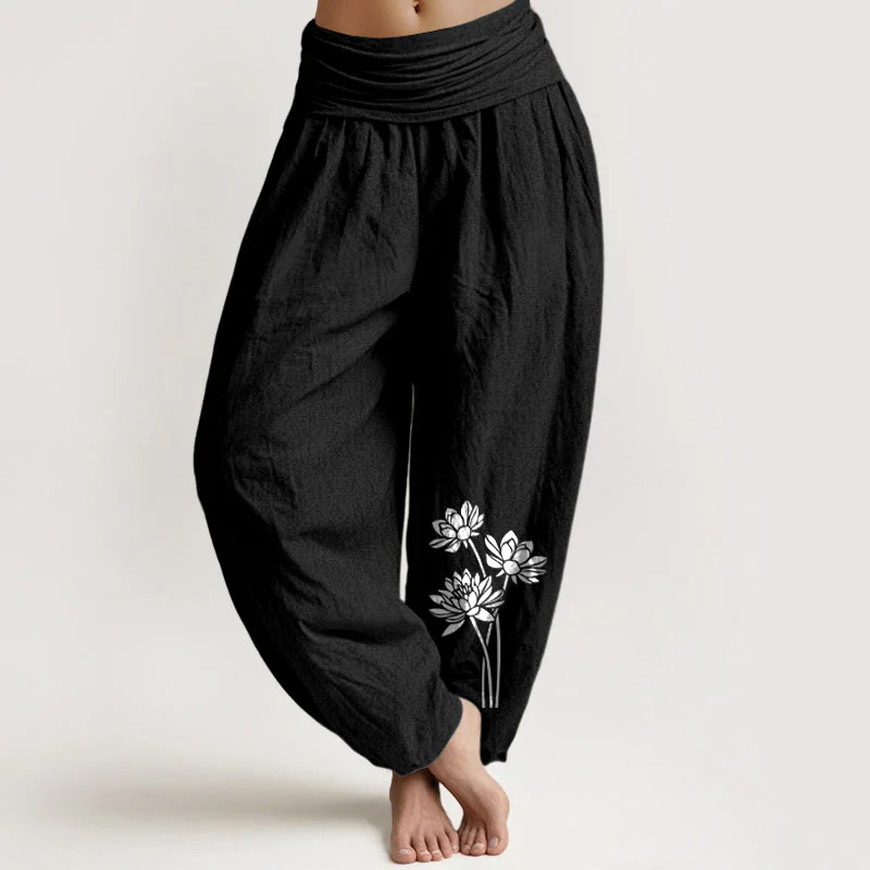 Pantaloni harem in cotone con elastico in vita e motivo a tre fiori di loto, casual, da donna, motivo Buddha Stones - Image 12