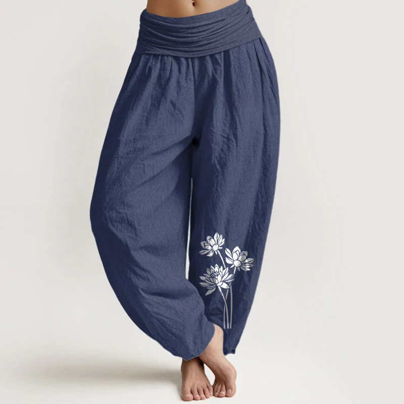 Pantaloni harem in cotone con elastico in vita e motivo a tre fiori di loto, casual, da donna, motivo Buddha Stones - Image 15