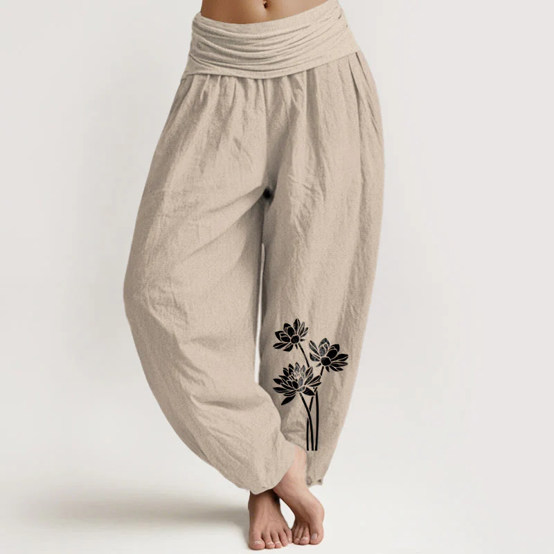 Pantaloni harem in cotone con elastico in vita e motivo a tre fiori di loto, casual, da donna, motivo Buddha Stones - Image 6