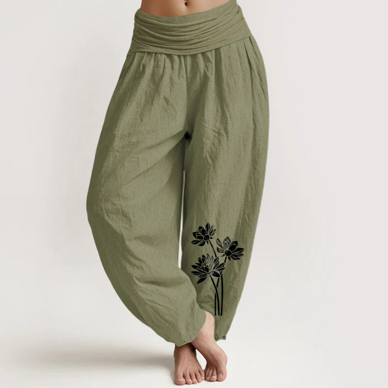 Pantaloni harem in cotone con elastico in vita e motivo a tre fiori di loto, casual, da donna, motivo Buddha Stones - Image 9