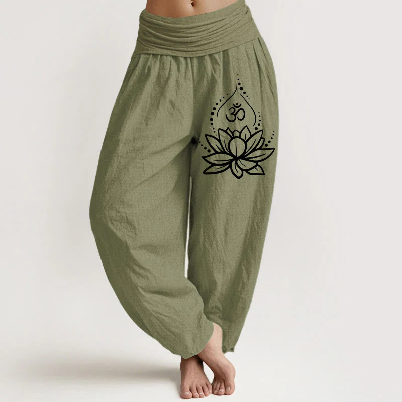 Pantaloni harem in cotone con elastico in vita e motivo con Buddha Stones, loto in fiore e simbolo Om - Image 15