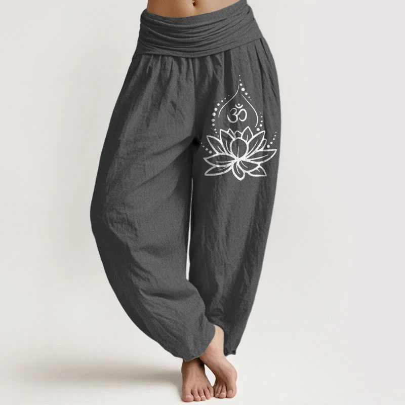 Pantaloni harem in cotone con elastico in vita e motivo con Buddha Stones, loto in fiore e simbolo Om - Image 9