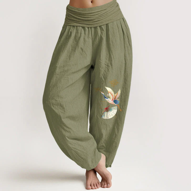 Pantaloni harem in cotone con elastico in vita, motivo a gru, Buddha Stones nuvole di buon auspicio - Image 12