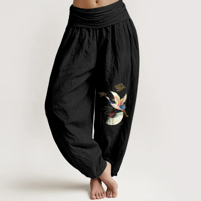 Pantaloni harem in cotone con elastico in vita, motivo a gru, Buddha Stones nuvole di buon auspicio - Image 15