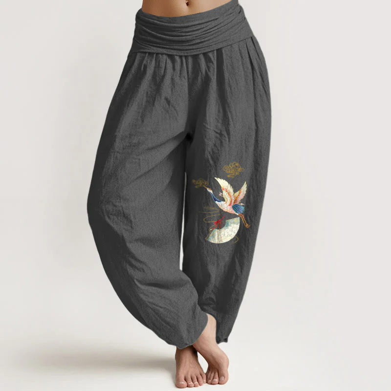 Pantaloni harem in cotone con elastico in vita, motivo a gru, Buddha Stones nuvole di buon auspicio - Image 6