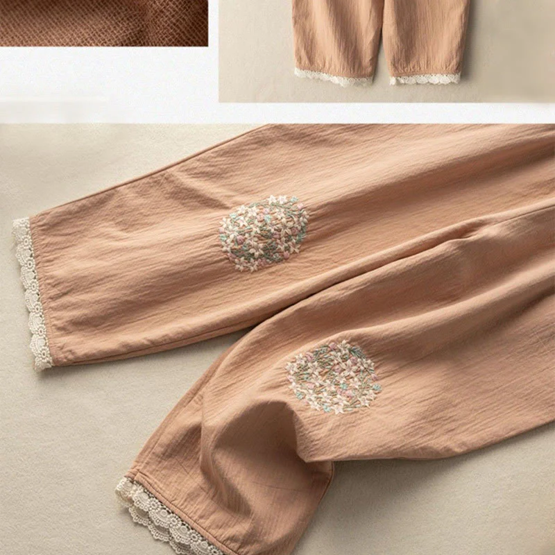 Pantaloni harem in cotone ricamati con pizzo casual Buddha Stones tasche - Image 3