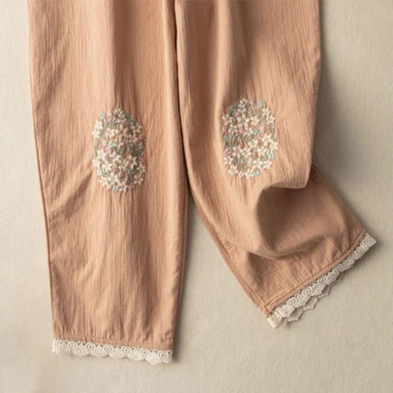 Pantaloni harem in cotone ricamati con pizzo casual Buddha Stones tasche - Image 4