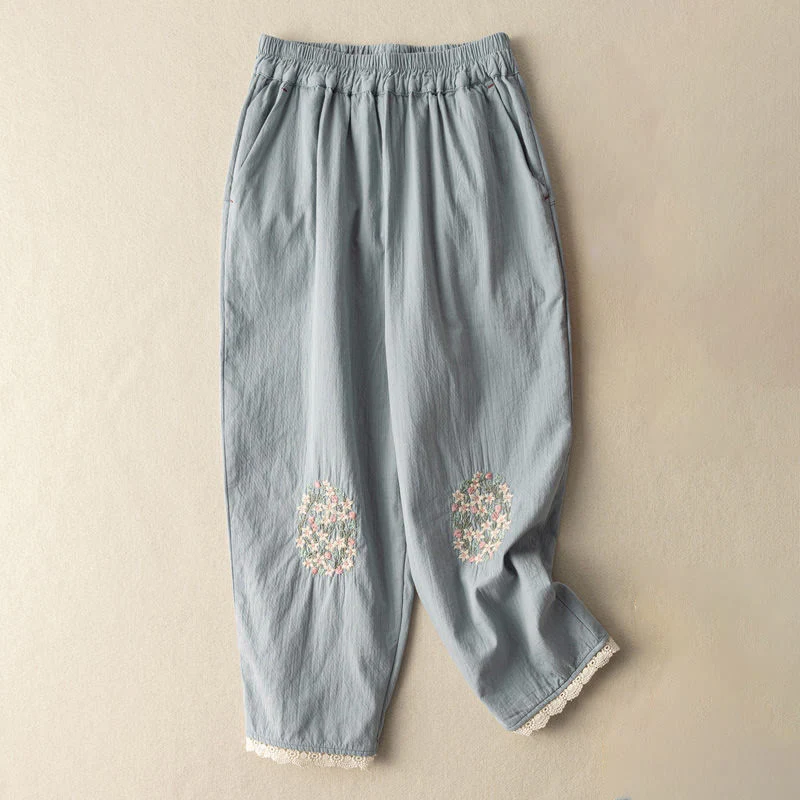 Pantaloni harem in cotone ricamati con pizzo casual Buddha Stones tasche - Image 5