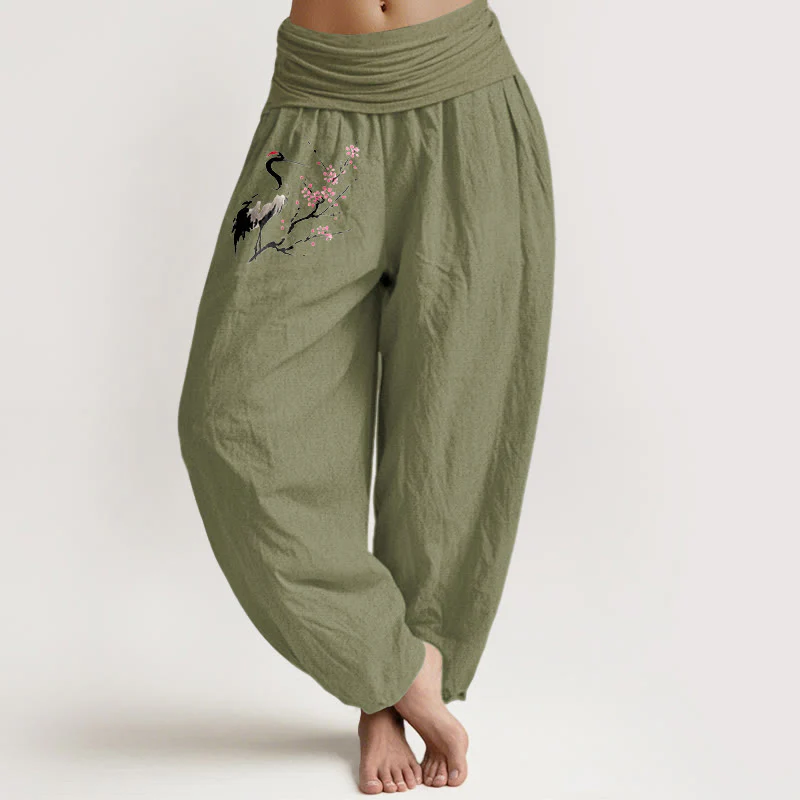Pantaloni harem in puro cotone con elastico in vita e motivo a gru e rami in fiore, motivo Buddha Stones - Image 15