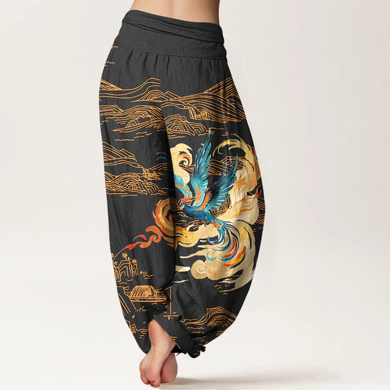 Pantaloni harem in puro cotone con elastico in vita e motivo paesaggio delle montagne della Fenice Buddha Stones da donna - Image 2