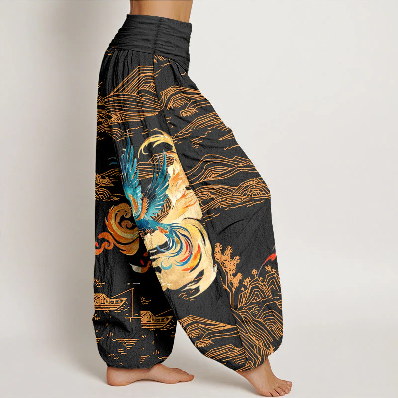 Pantaloni harem in puro cotone con elastico in vita e motivo paesaggio delle montagne della Fenice Buddha Stones da donna - Image 3