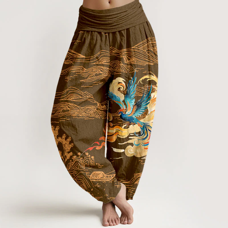 Pantaloni harem in puro cotone con elastico in vita e motivo paesaggio delle montagne della Fenice Buddha Stones da donna - Image 6