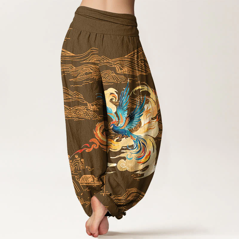 Pantaloni harem in puro cotone con elastico in vita e motivo paesaggio delle montagne della Fenice Buddha Stones da donna - Image 7