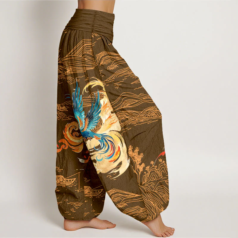 Pantaloni harem in puro cotone con elastico in vita e motivo paesaggio delle montagne della Fenice Buddha Stones da donna - Image 8