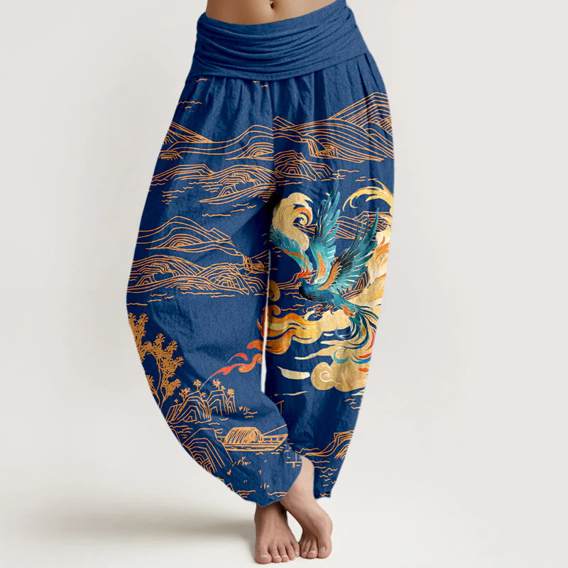 Pantaloni harem in puro cotone con elastico in vita e motivo paesaggio delle montagne della Fenice Buddha Stones da donna - Image 9