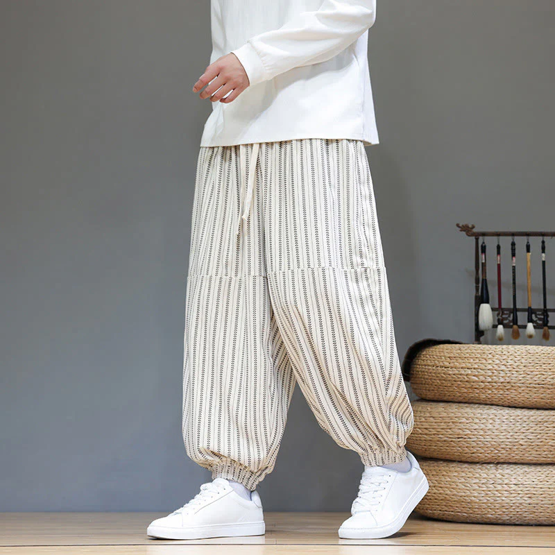 Pantaloni harem in velluto a coste con coulisse e tasche da uomo con motivo a righe autunnali Buddha Stones - Image 27