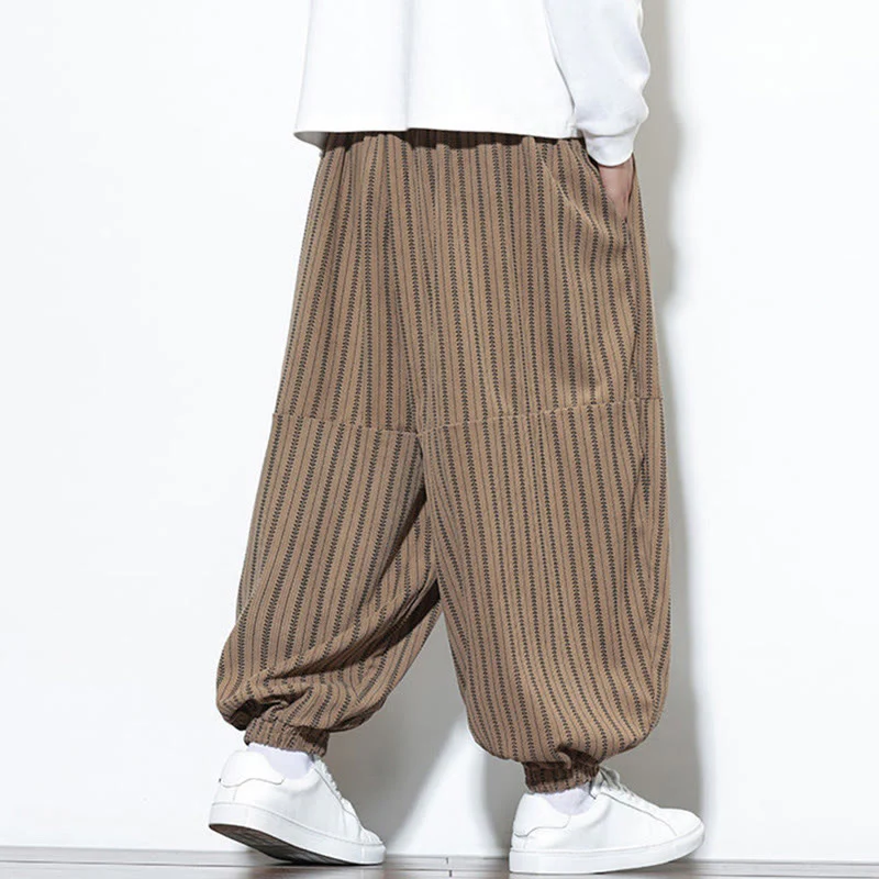 Pantaloni harem in velluto a coste con coulisse e tasche da uomo con motivo a righe autunnali Buddha Stones - Image 62