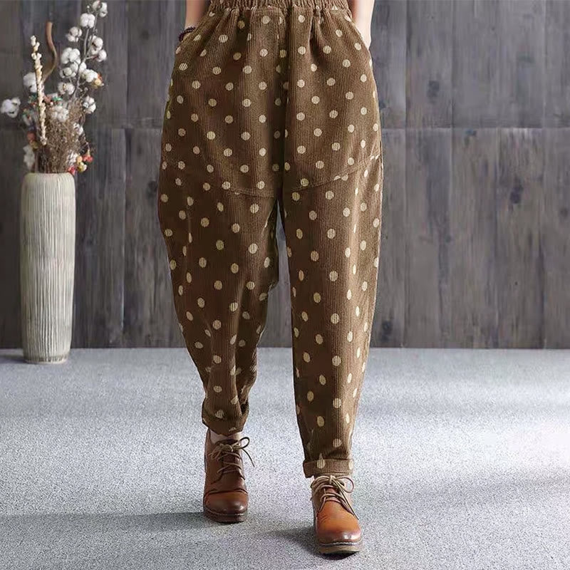Pantaloni harem in velluto a coste con stampa a pois e tasche da donna Buddha Stones
