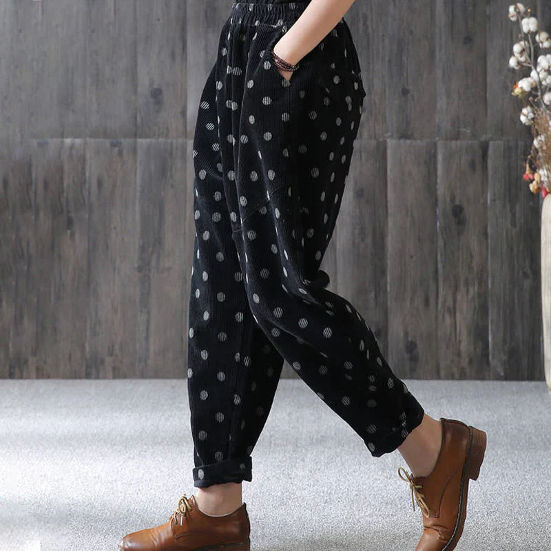 Pantaloni harem in velluto a coste con stampa a pois e tasche da donna Buddha Stones - Image 11