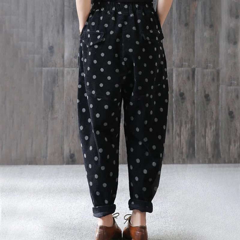 Pantaloni harem in velluto a coste con stampa a pois e tasche da donna Buddha Stones - Image 12