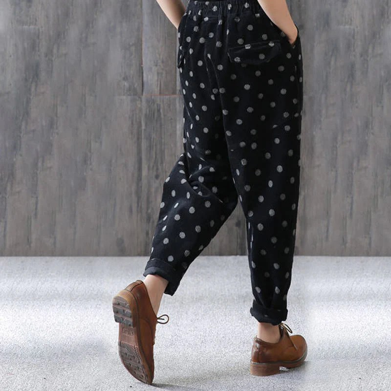 Pantaloni harem in velluto a coste con stampa a pois e tasche da donna Buddha Stones - Image 13