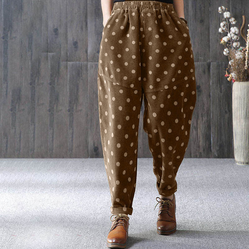 Pantaloni harem in velluto a coste con stampa a pois e tasche da donna Buddha Stones - Image 4