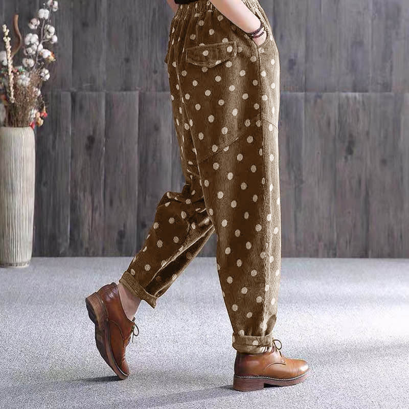 Pantaloni harem in velluto a coste con stampa a pois e tasche da donna Buddha Stones - Image 5