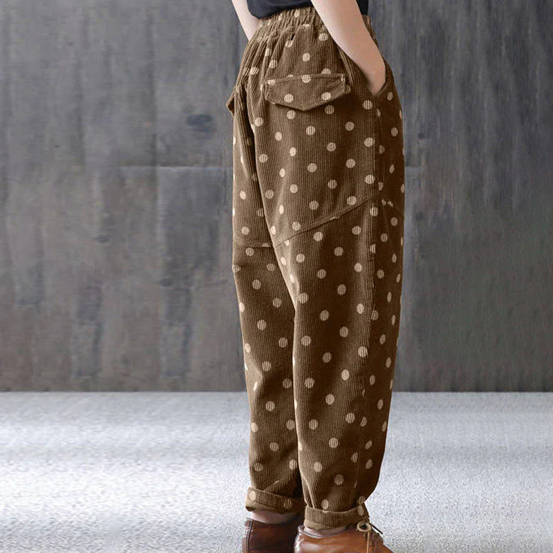 Pantaloni harem in velluto a coste con stampa a pois e tasche da donna Buddha Stones - Image 6