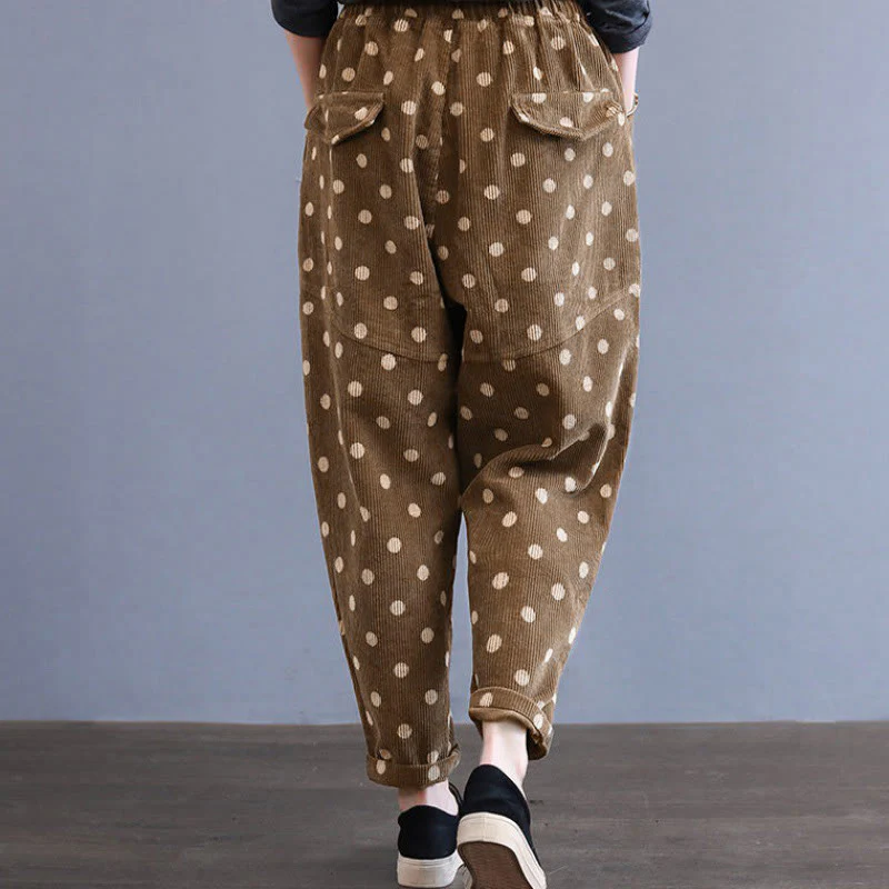 Pantaloni harem in velluto a coste con stampa a pois e tasche da donna Buddha Stones - Image 7