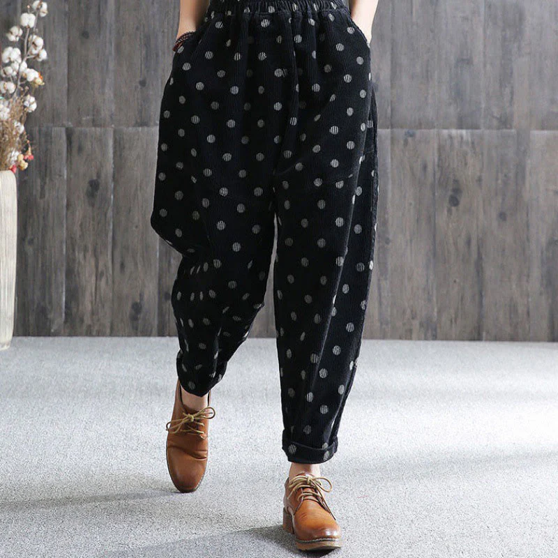 Pantaloni harem in velluto a coste con stampa a pois e tasche da donna Buddha Stones - Image 8