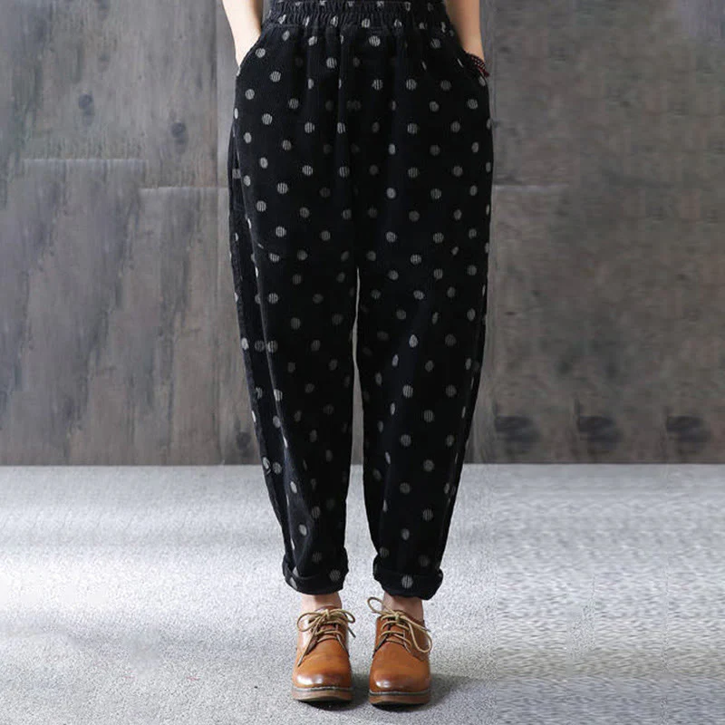 Pantaloni harem in velluto a coste con stampa a pois e tasche da donna Buddha Stones - Image 9