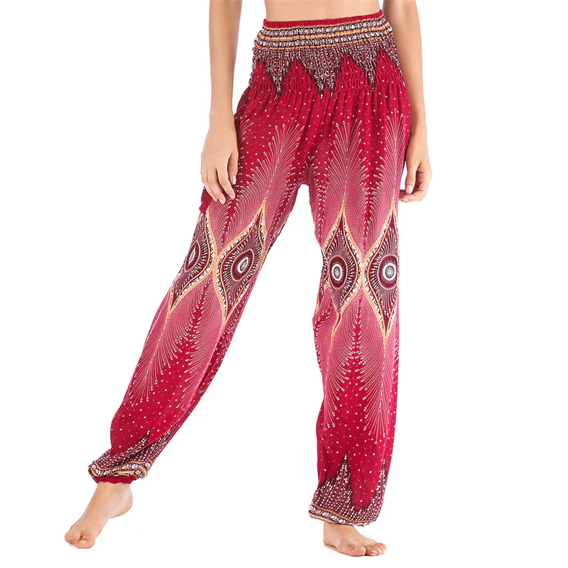 Pantaloni harem larghi con motivo a arricciatura, a vita alta, da yoga, da donna, con piccoli occhi di pavone e pietre Buddha Stones