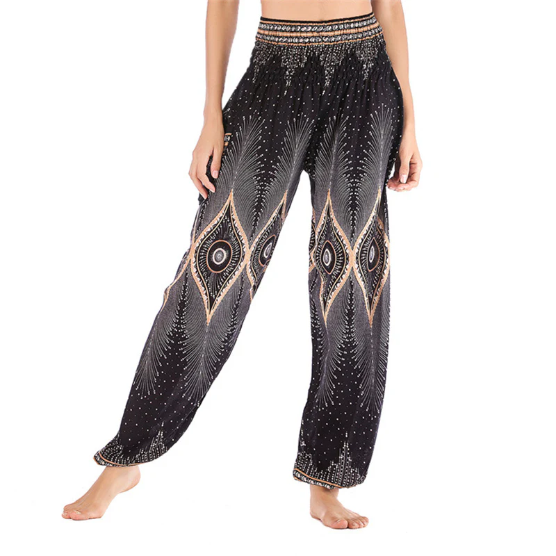 Pantaloni harem larghi con motivo a arricciatura, a vita alta, da yoga, da donna, con piccoli occhi di pavone e pietre Buddha Stones - Image 12