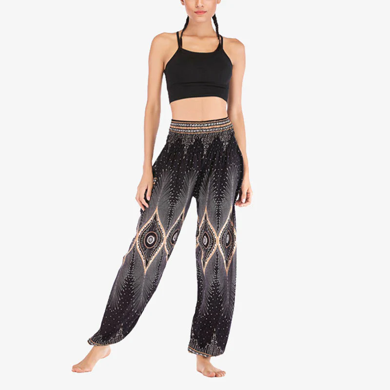 Pantaloni harem larghi con motivo a arricciatura, a vita alta, da yoga, da donna, con piccoli occhi di pavone e pietre Buddha Stones - Image 17