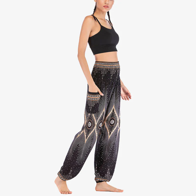 Pantaloni harem larghi con motivo a arricciatura, a vita alta, da yoga, da donna, con piccoli occhi di pavone e pietre Buddha Stones - Image 19