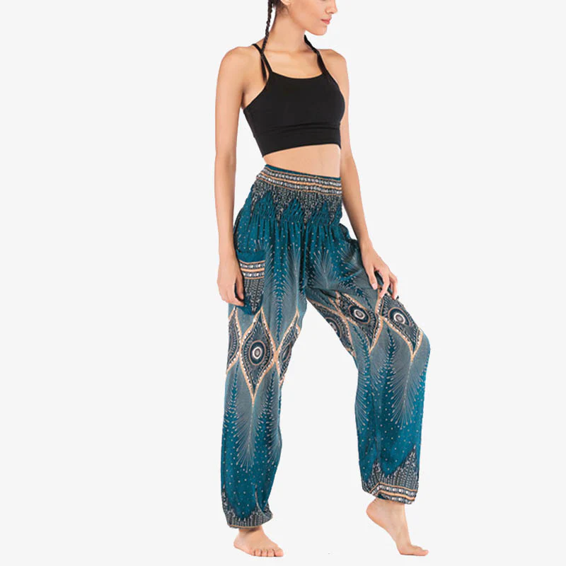 Pantaloni harem larghi con motivo a arricciatura, a vita alta, da yoga, da donna, con piccoli occhi di pavone e pietre Buddha Stones - Image 24