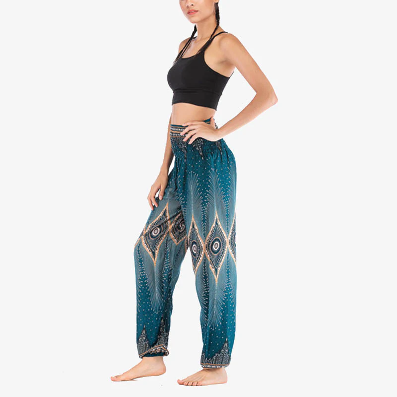 Pantaloni harem larghi con motivo a arricciatura, a vita alta, da yoga, da donna, con piccoli occhi di pavone e pietre Buddha Stones - Image 29