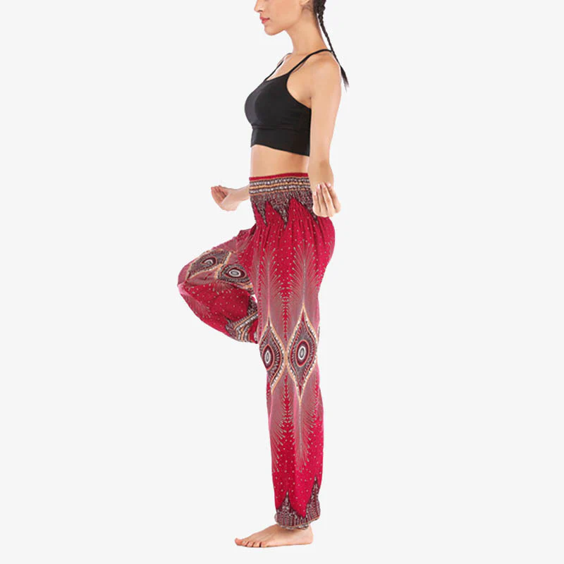 Pantaloni harem larghi con motivo a arricciatura, a vita alta, da yoga, da donna, con piccoli occhi di pavone e pietre Buddha Stones - Image 3