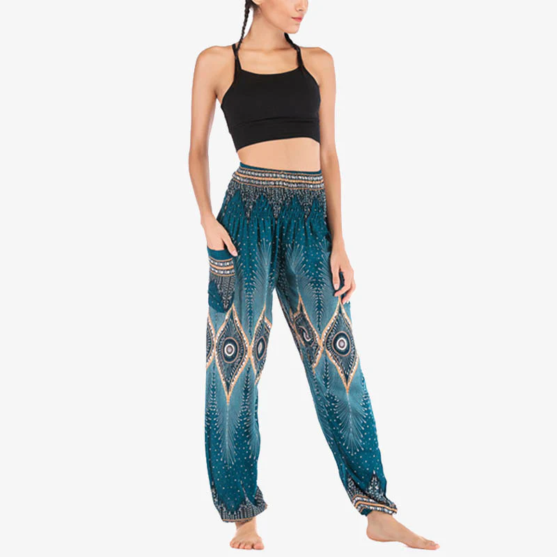 Pantaloni harem larghi con motivo a arricciatura, a vita alta, da yoga, da donna, con piccoli occhi di pavone e pietre Buddha Stones - Image 31