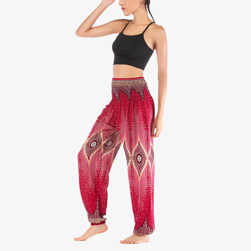 Pantaloni harem larghi con motivo a arricciatura, a vita alta, da yoga, da donna, con piccoli occhi di pavone e pietre Buddha Stones - Image 7