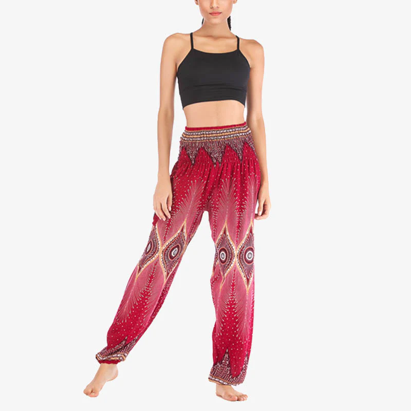 Pantaloni harem larghi con motivo a arricciatura, a vita alta, da yoga, da donna, con piccoli occhi di pavone e pietre Buddha Stones - Image 8
