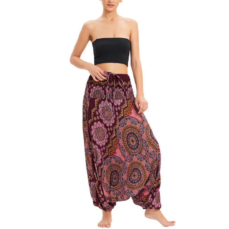Pantaloni harem larghi con motivo a fiori mandala, pantaloni a vita alta, pantaloni da tuta, pantaloni da due stili Buddha Stones - Image 14