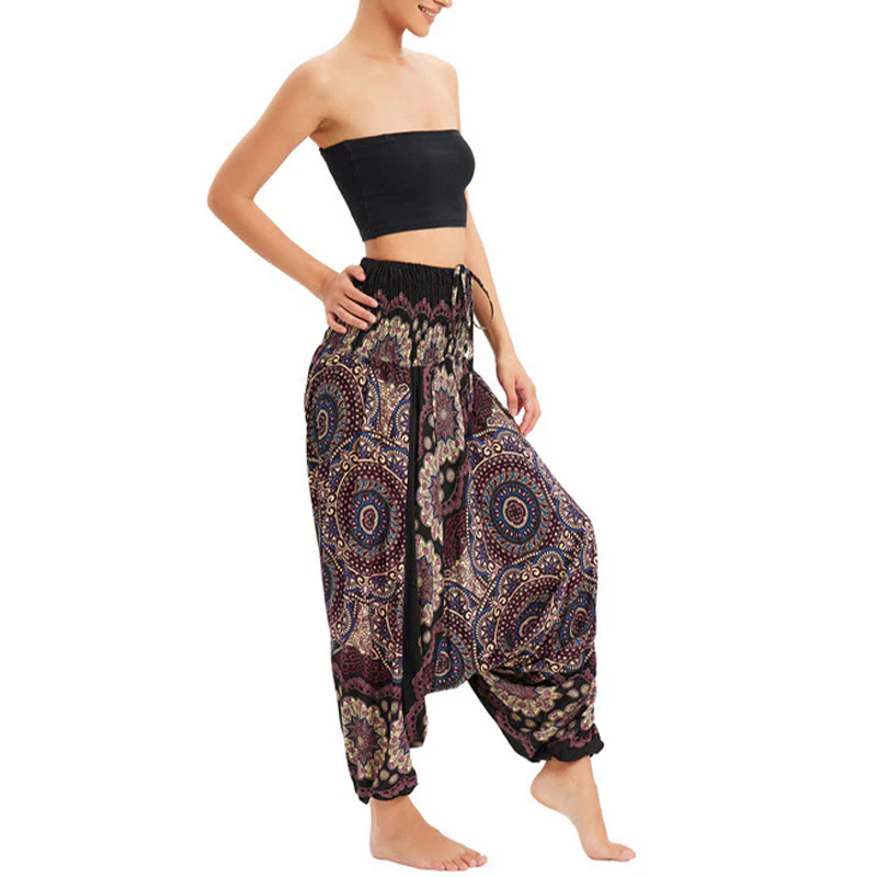 Pantaloni harem larghi con motivo a fiori mandala, pantaloni a vita alta, pantaloni da tuta, pantaloni da due stili Buddha Stones - Image 9