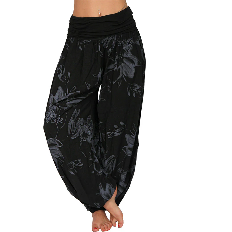 Pantaloni harem larghi con motivo a foglie di fiore Buddha Stones, pantaloni da yoga da donna - Image 14