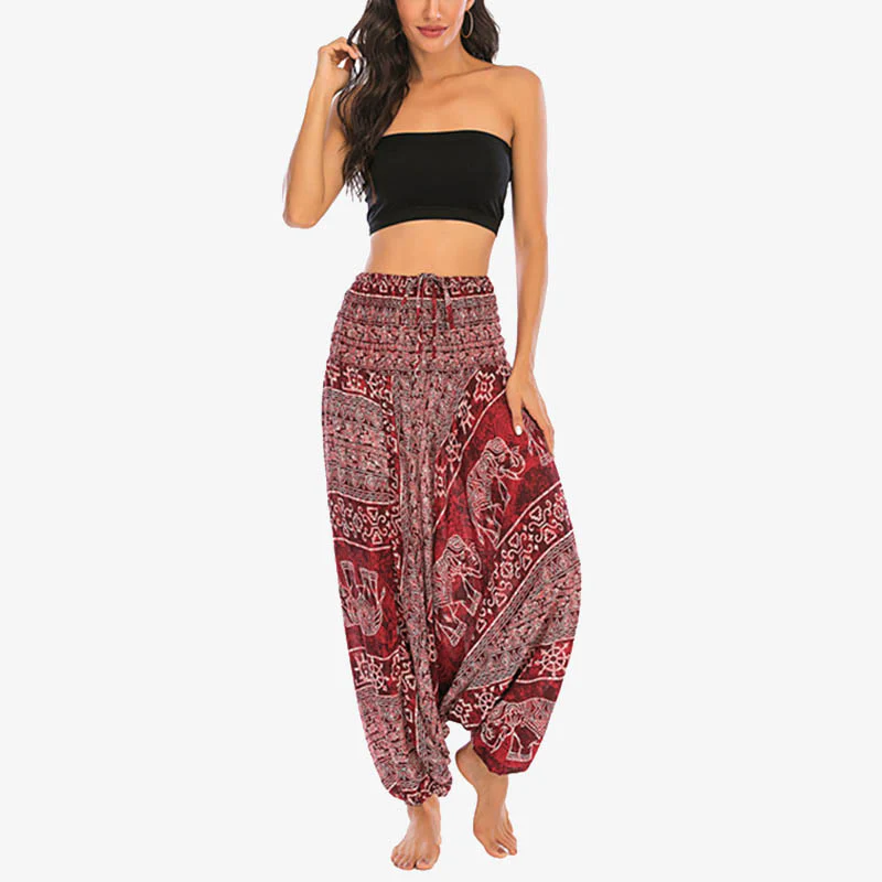 Pantaloni harem larghi e arricciati con motivo a elefante, tuta da yoga da donna, stile Buddha Stones, due stili - Image 6